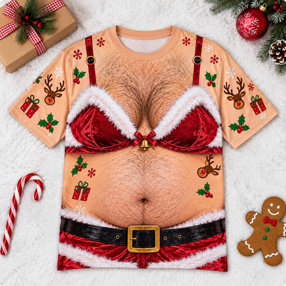 Personalized Hairy Chest Santa Bra Christmas AOP Shirt, Funny Gag Gift Christmas Tee 686930 WFD