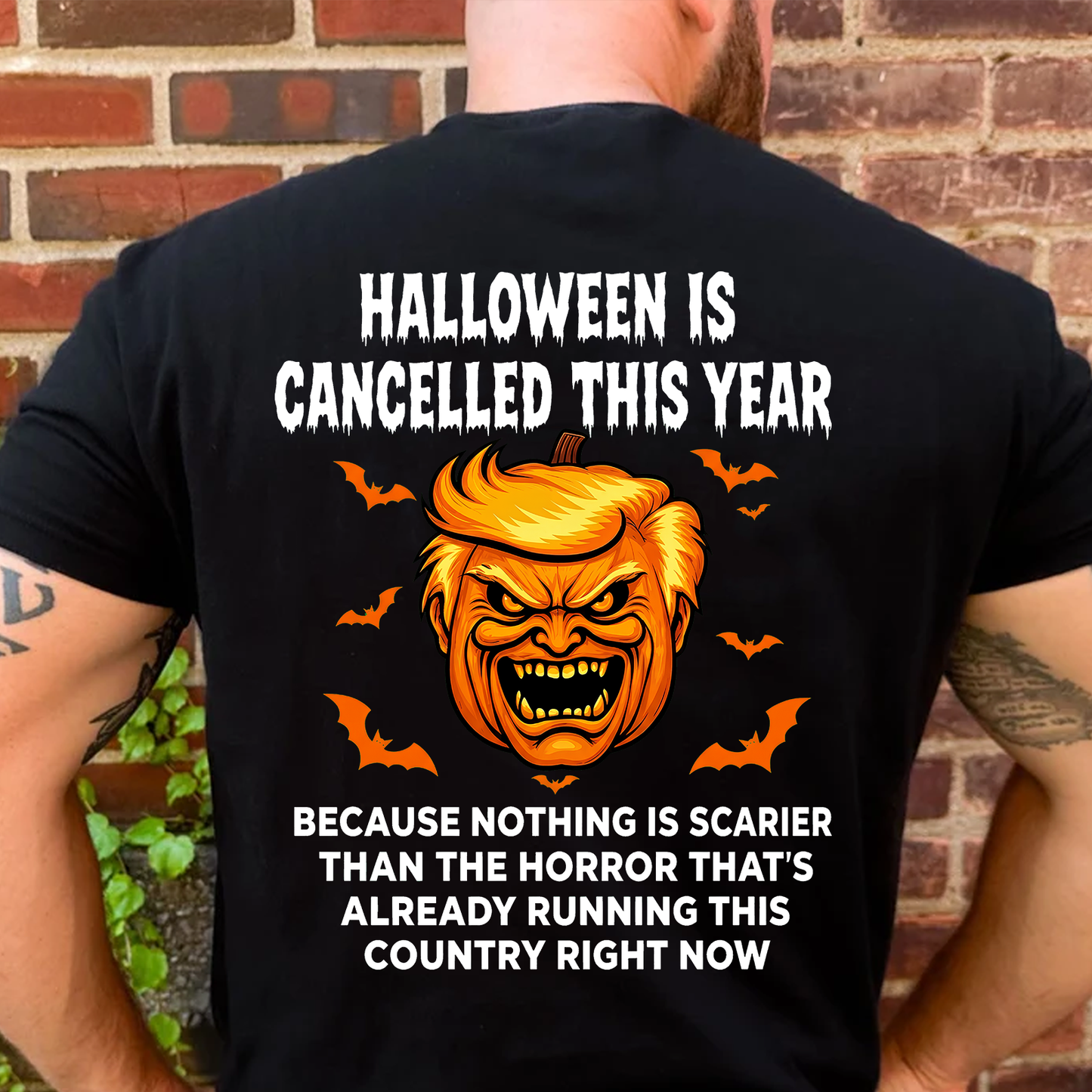 Funny Anti Trump "Halloween Is Cancelled" Backside Dark Shirt, Pumpkin Horror Graphic Tee For Halloween 685760