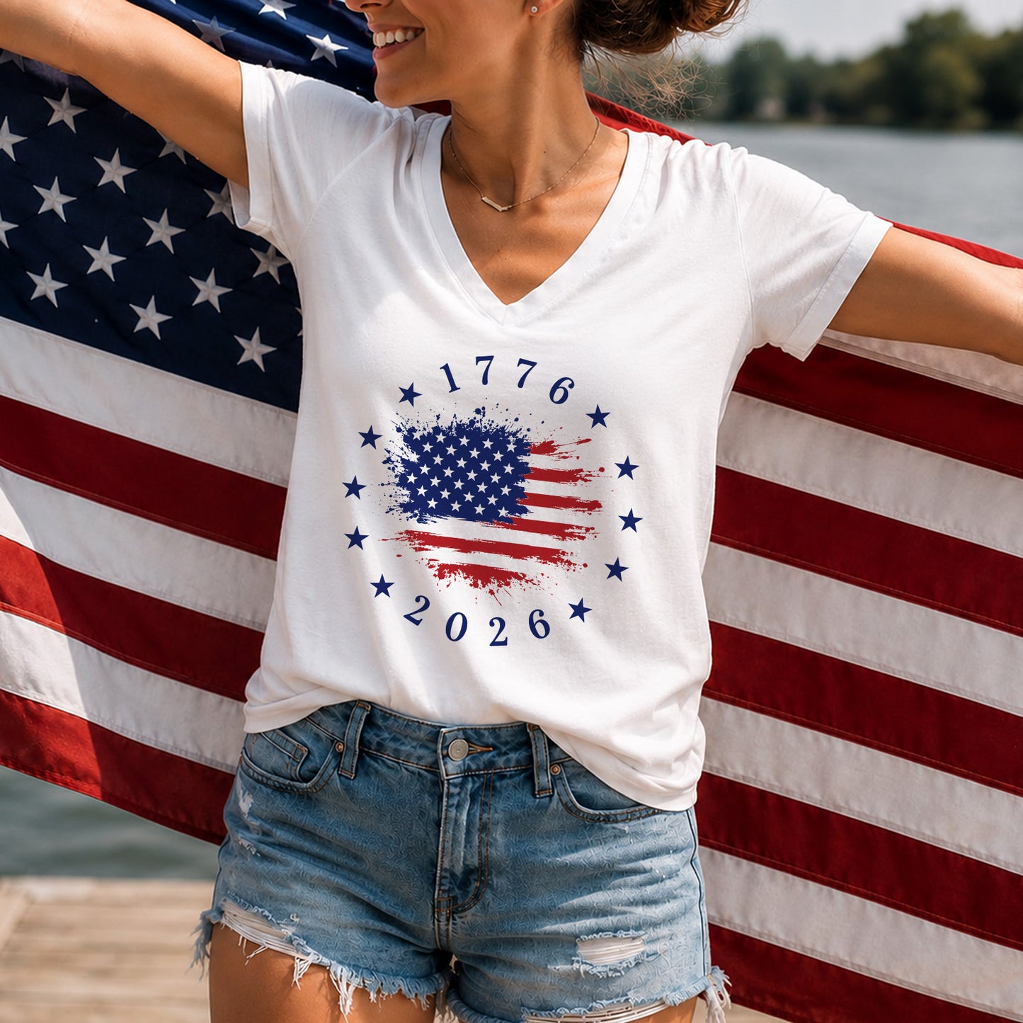 Personalized USA 250th Anniversary V-Neck Shirt, America 1776-2026 Patriotic Flag Women Tee 685347