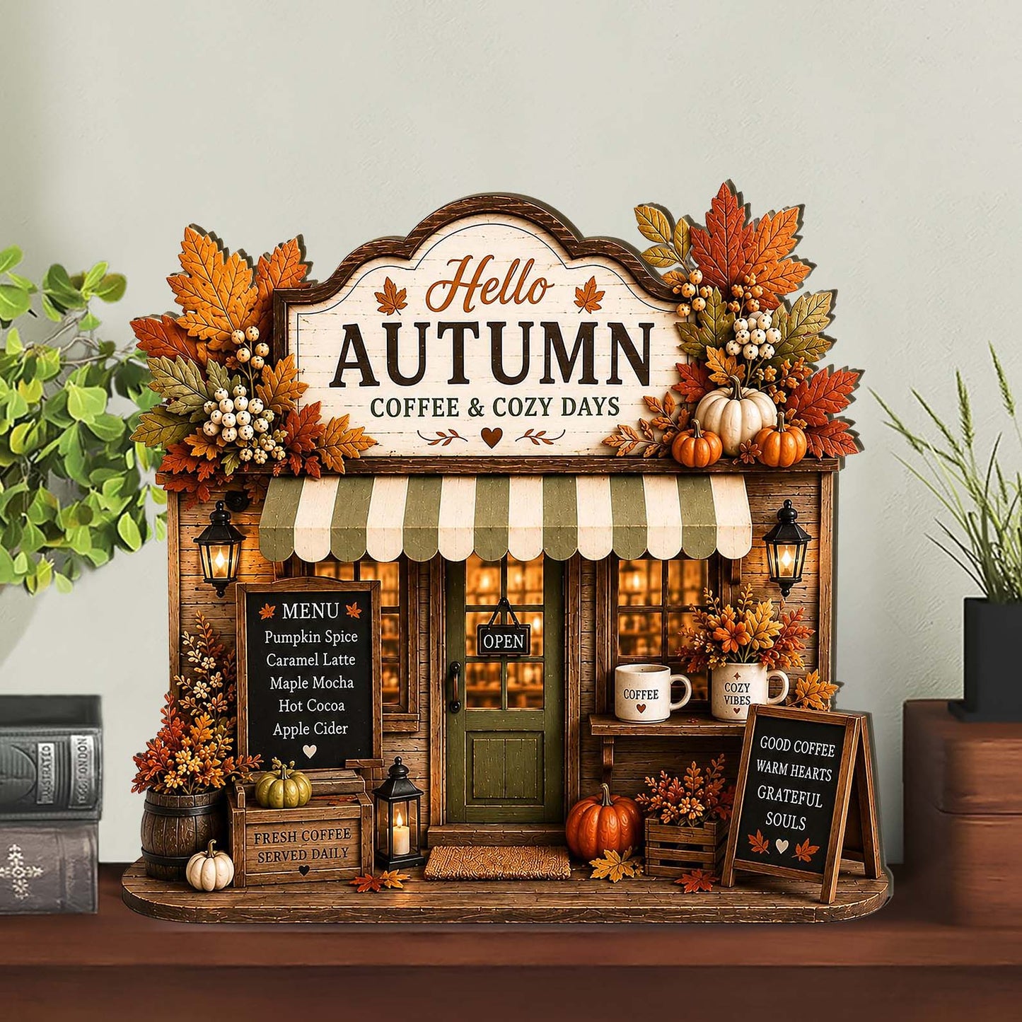 Autumn Coffee Shop Wooden Block, Cozy Coffee Bar Decor, Rustic Pumpkin Storefront Sign 685948