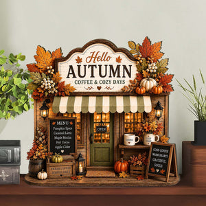 Autumn Coffee Shop Wooden Block, Cozy Coffee Bar Decor, Rustic Pumpkin Storefront Sign 685948