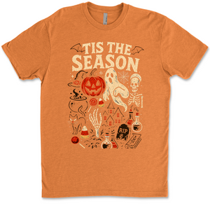 Retro Tis The Season Comfort Colors Shirt, Vintage Skeleton Pumpkin Ghost Halloween Tee 685614