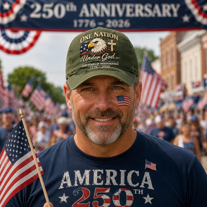 One Nation Under God - USA 250th Anniversary Vintage Washed Baseball Cap, Patriotic 1776-2026 Adjustable Denim Hat 685220