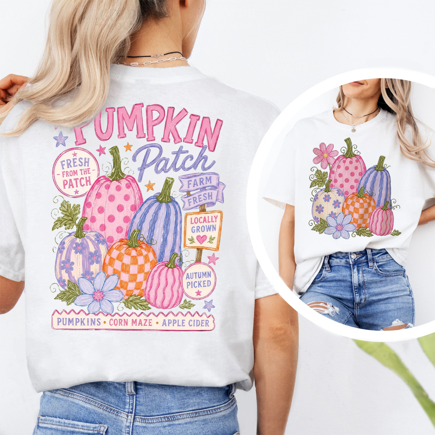 Retro Pumpkin Patch Graphic Front & Back Bright Shirt, Trendy Halloween Apparel, Vintage Autumn Shirt 685863