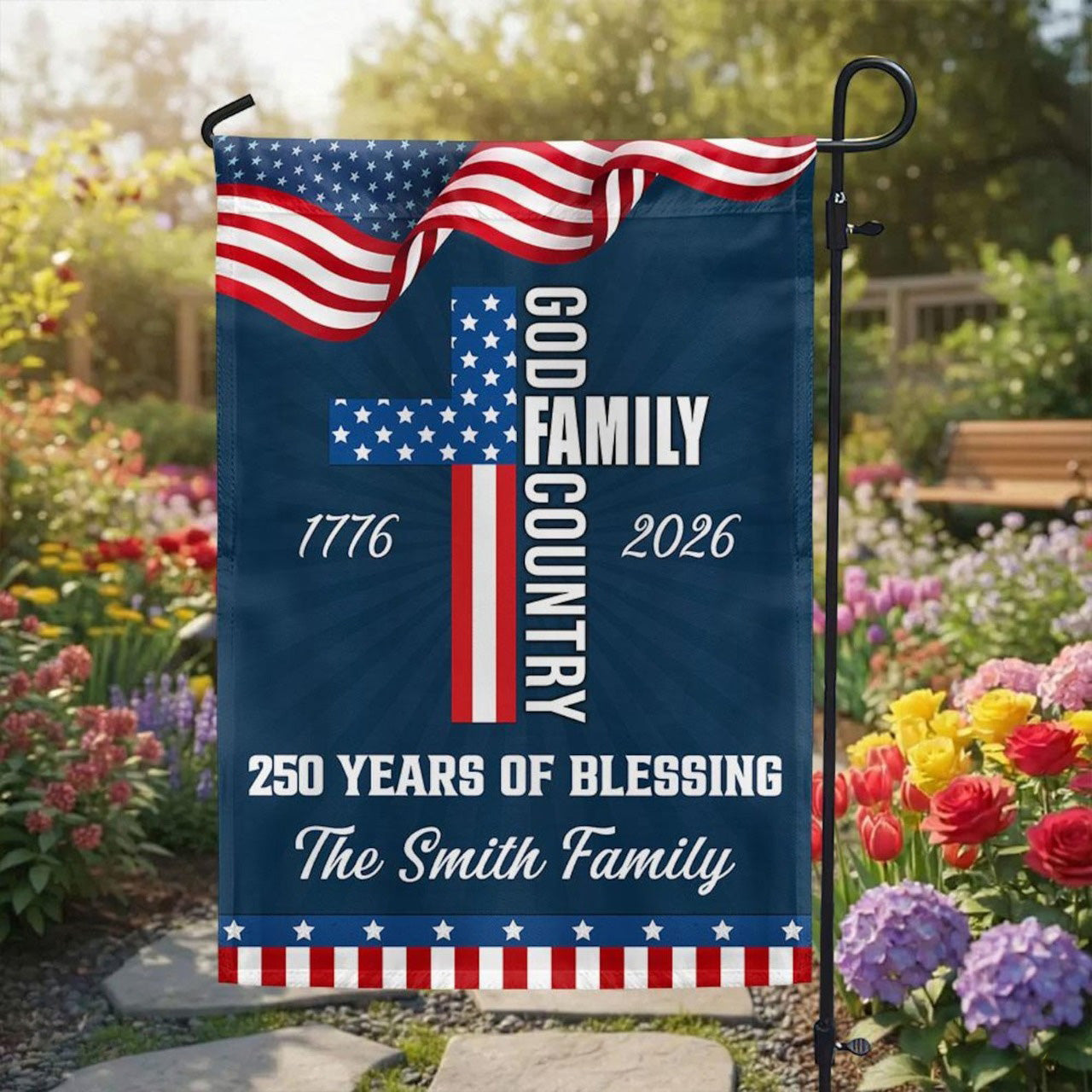 Custom Family Name America 250 Years Of Blessing Garden Flag | Patriotic 4th Of July Outdoor Decor 685266
