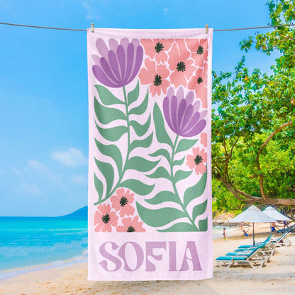 Personalized Retro Beach Towel With Name, Groovy Vibes Beach, Retro Floral Towel 684830