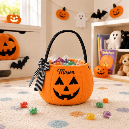 Personalized Halloween Candy Bucket, Custom Embroidered Plush Pumpkin Trick Or Treat Basket 686159 WFD