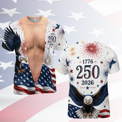 Personalized USA 250th Anniversary AOP Shirt, Vintage Patriotic Button Shirt, Funny Eagle Flag Tee 685593