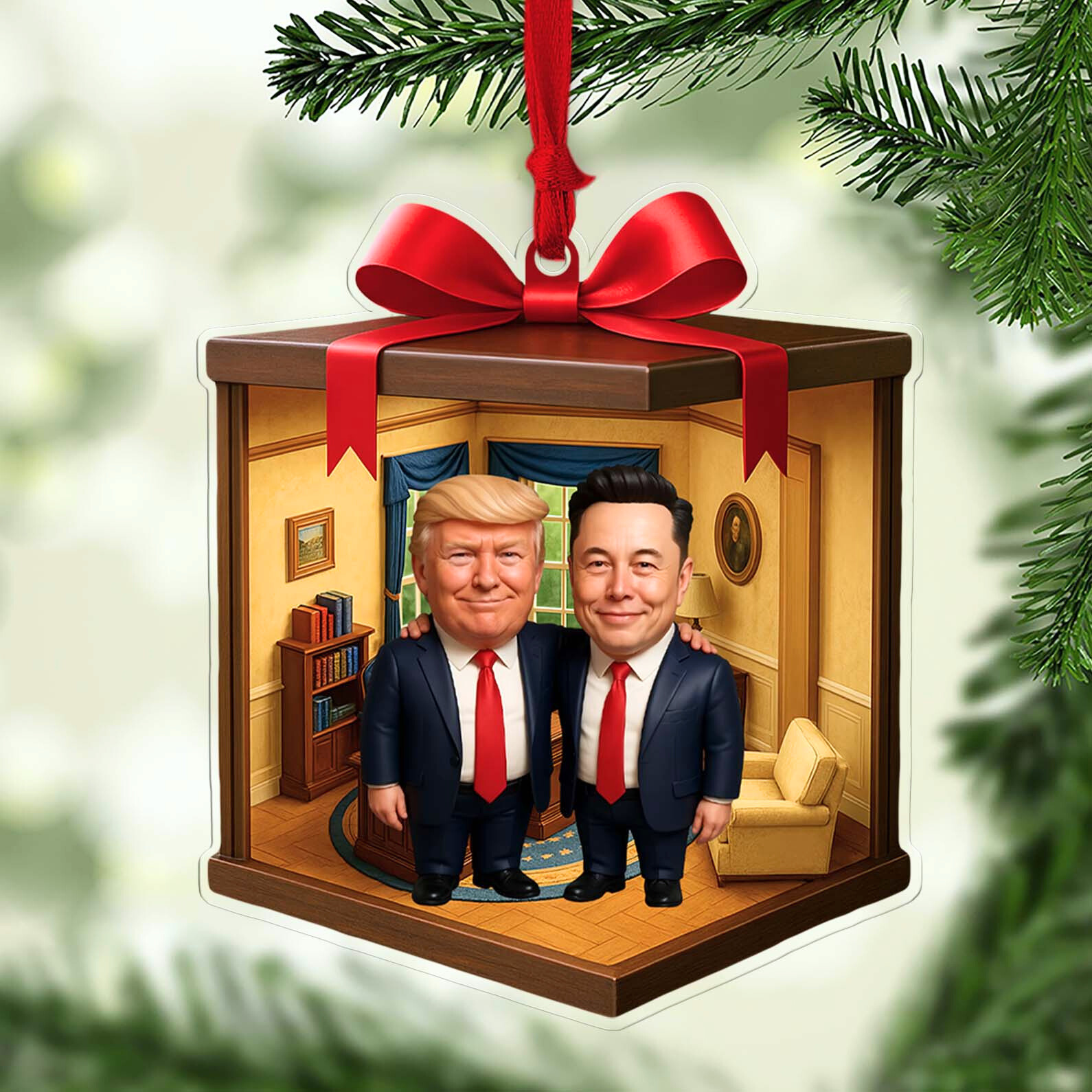 Funny Trump and Elon Musk Oval Office 2D Acrylic Ornament | MAGA Isometric Decoration | Political Humor Gift 683492 - GOP