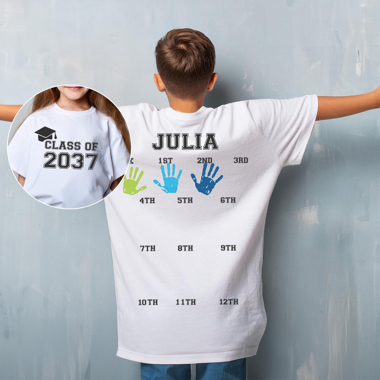 Personalized Class Of 2037 Handprint Large Front & Back Bright Shirt, Custom Year Graduation Tee 685666