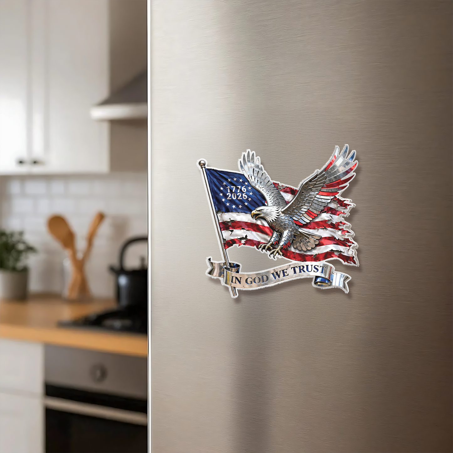America 250 Years Anniversary Fridge Magnet | In God We Trust Patriotic Eagle Decor 684641