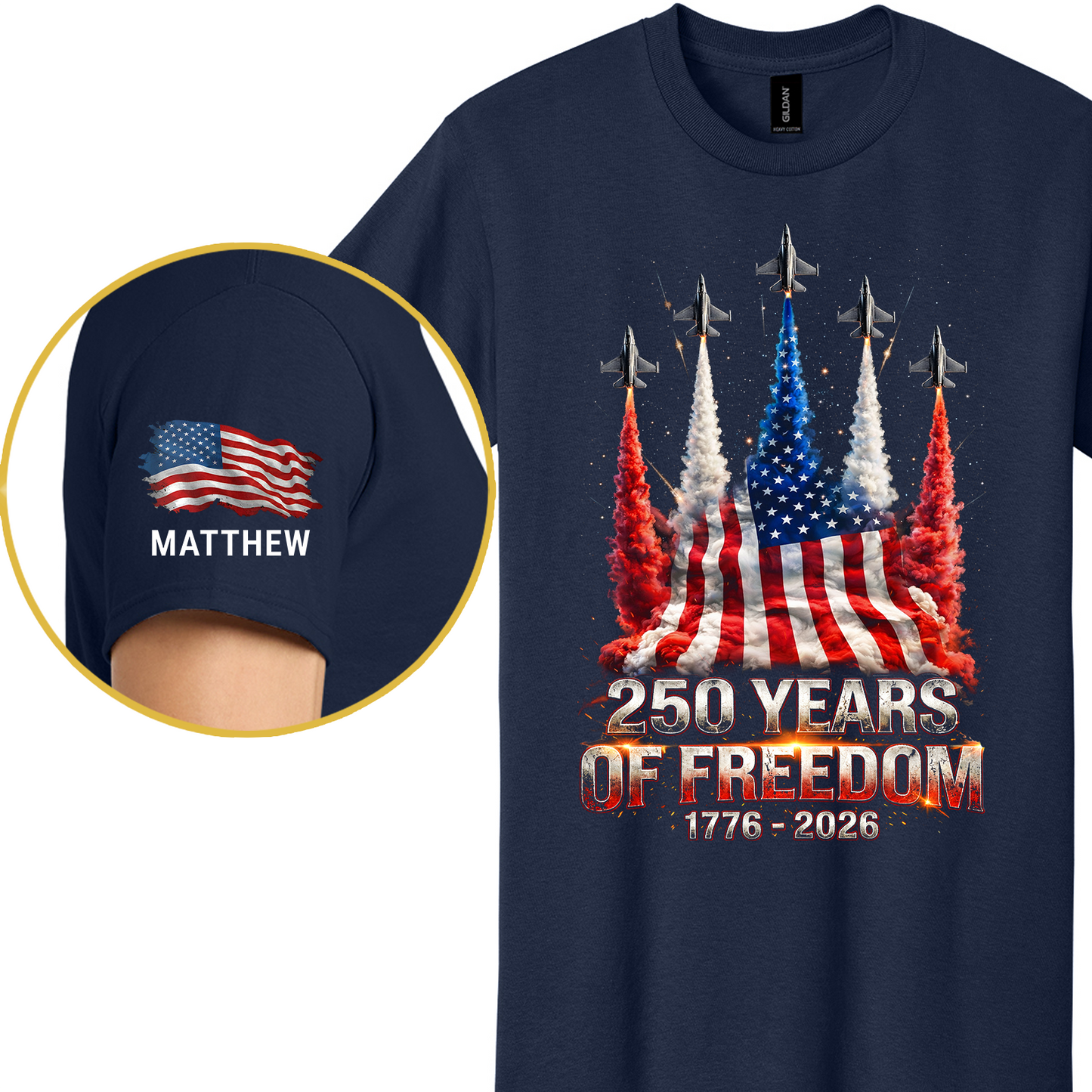 Personalized USA 250 Years Of Freedom Dark Shirt | Custom Name Patriotic 4th Of July Front & Sleeve Shirt 684851