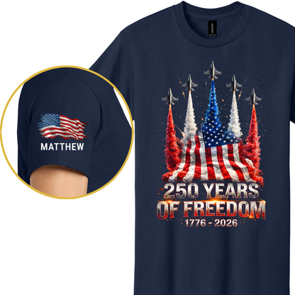 Personalized USA 250 Years Of Freedom Dark Shirt | Custom Name Patriotic 4th Of July Front & Sleeve Shirt 684851