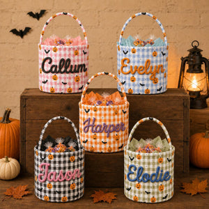 Personalized Halloween Basket For Kids, Custom Name Pumpkin Bat Candy Bucket, Embroidered Gingham Bucket 686279 WFD