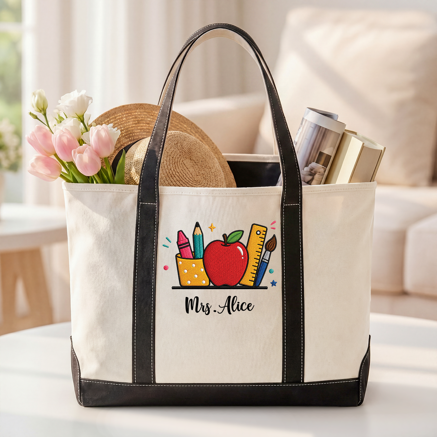 Custom Embroidered Canvas Tote Bag With Name, Personalized Back To School Tote, Teacher Appreciation Gift 685520