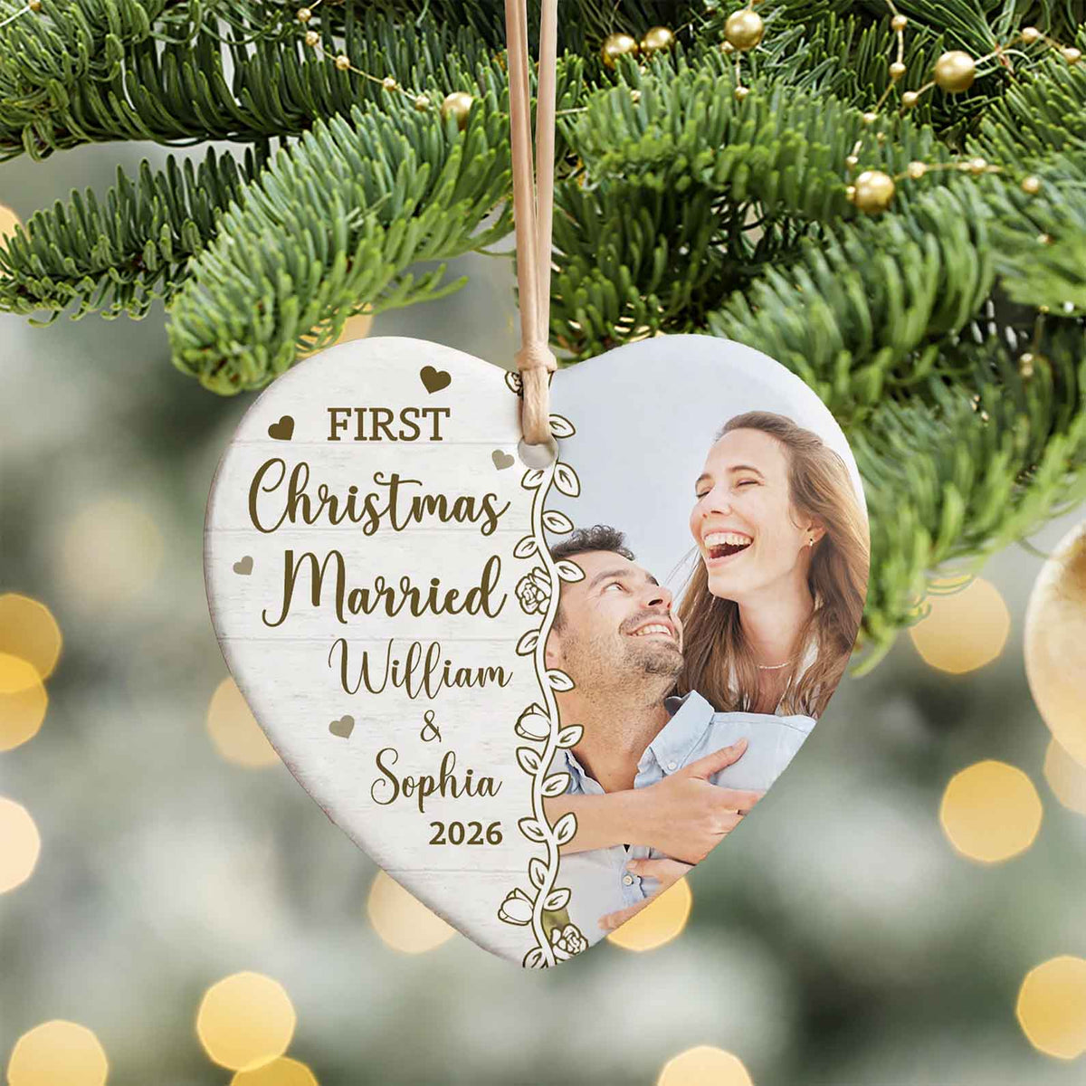 Custom Photo First Christmas Married Ceramic Ornament, Personalized Heart Ornament, Christmas Keepsake Gift 686229