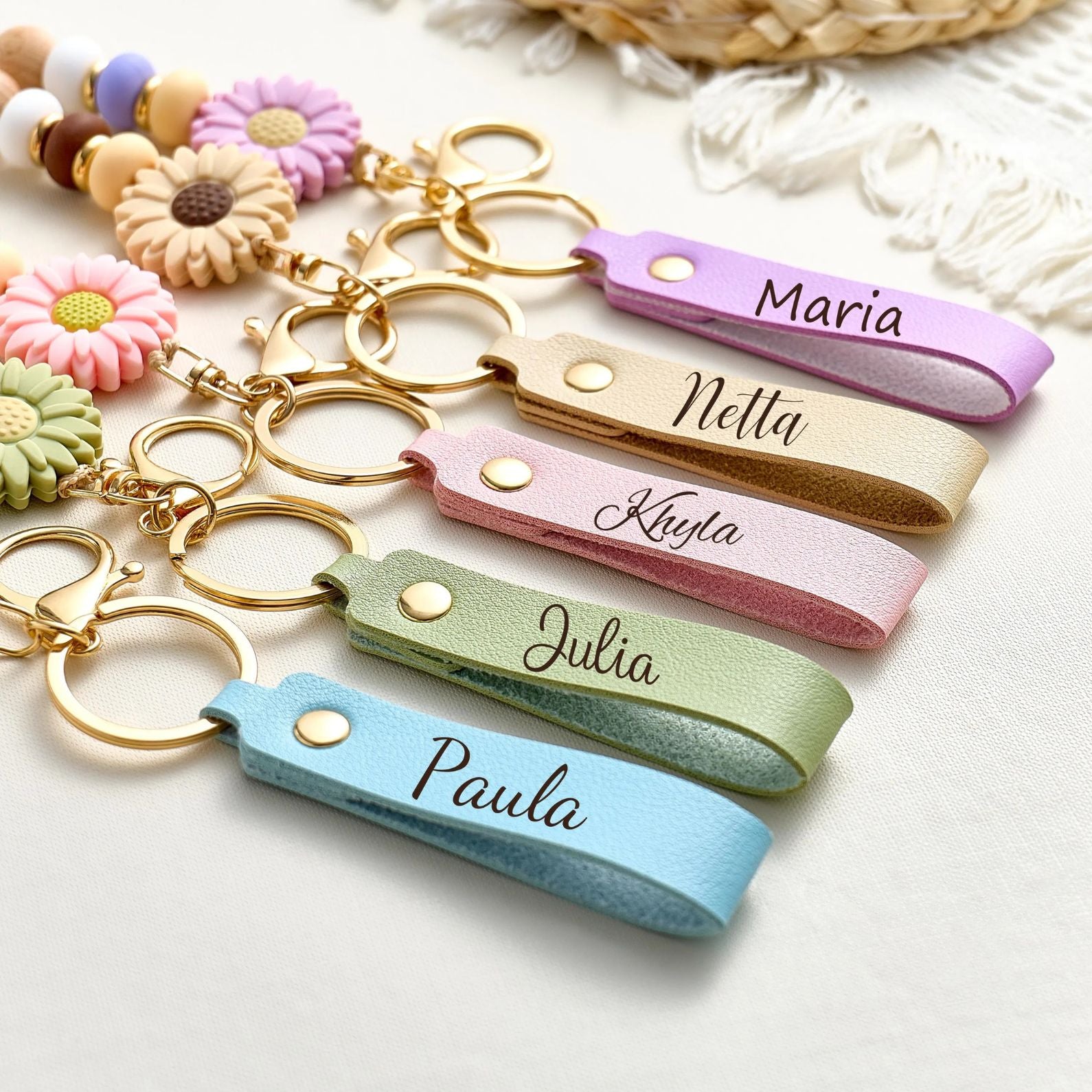 Daisy Beaded Keyring For Girls | Personalized Keychain | Faux Leather ...