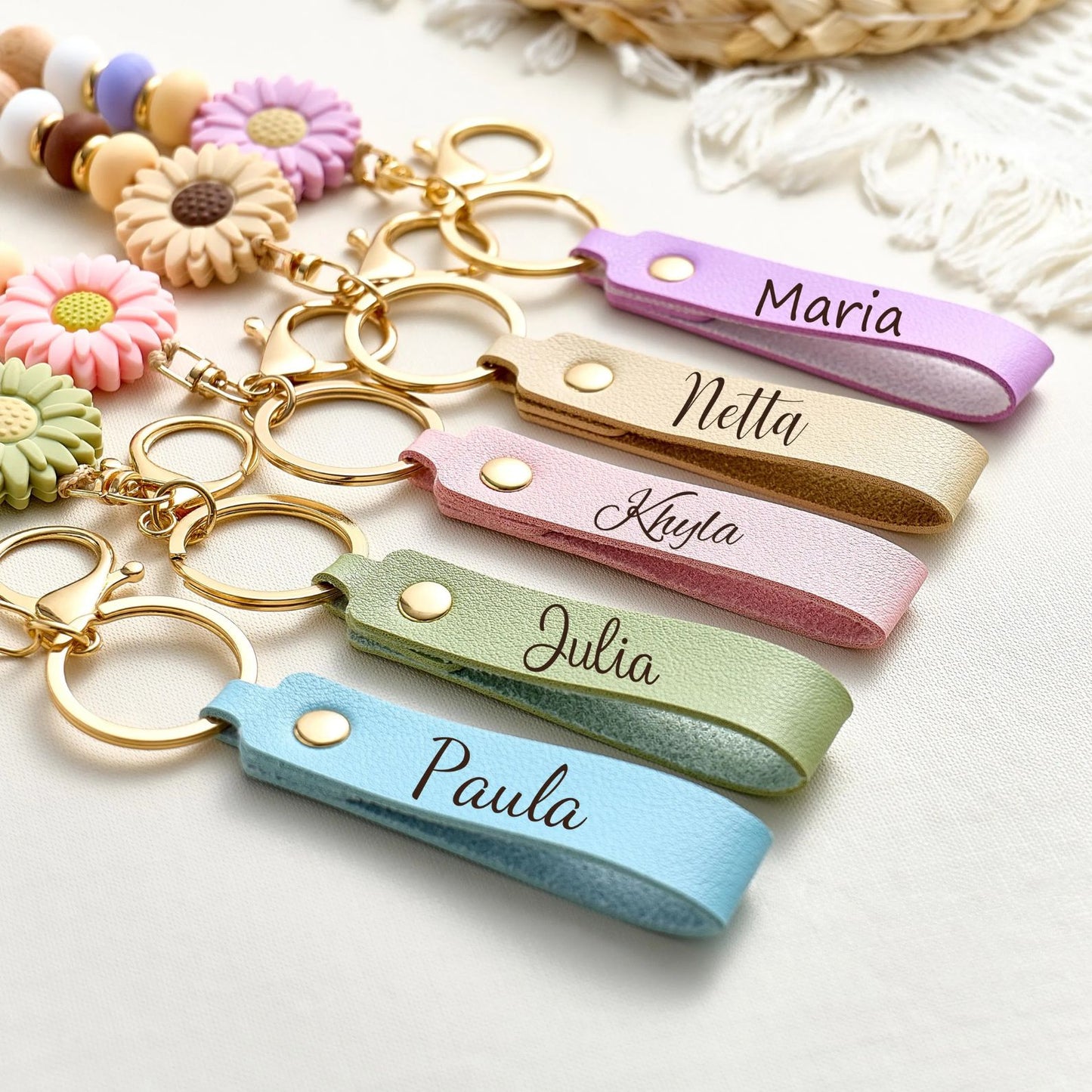 Daisy Beaded Keyring For Girls | Personalized Keychain | Faux Leather Keyring | Custom Name Keychain 684765