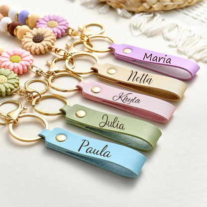 Daisy Beaded Keyring For Girls | Personalized Keychain | Faux Leather Keyring | Custom Name Keychain 684765