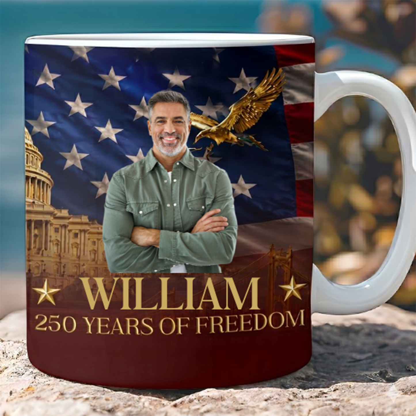 Custom Photo USA 250 Years Of Freedom Mug, Patriotic 4th Of July White Mug Accent Mug 685026