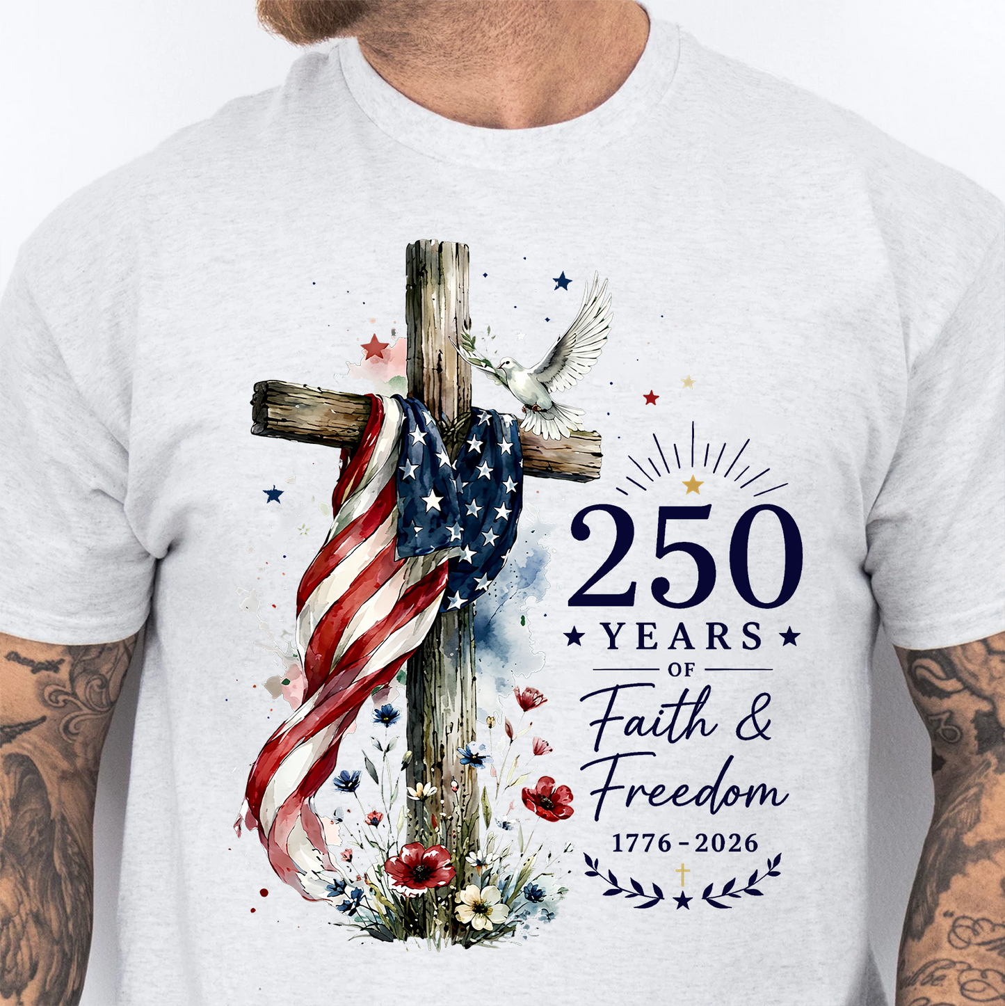 USA 250 Years Of Faith And Freedom Bright Shirt, America Flag Cross Tee, Patriotic 4th Of July Gift 685398