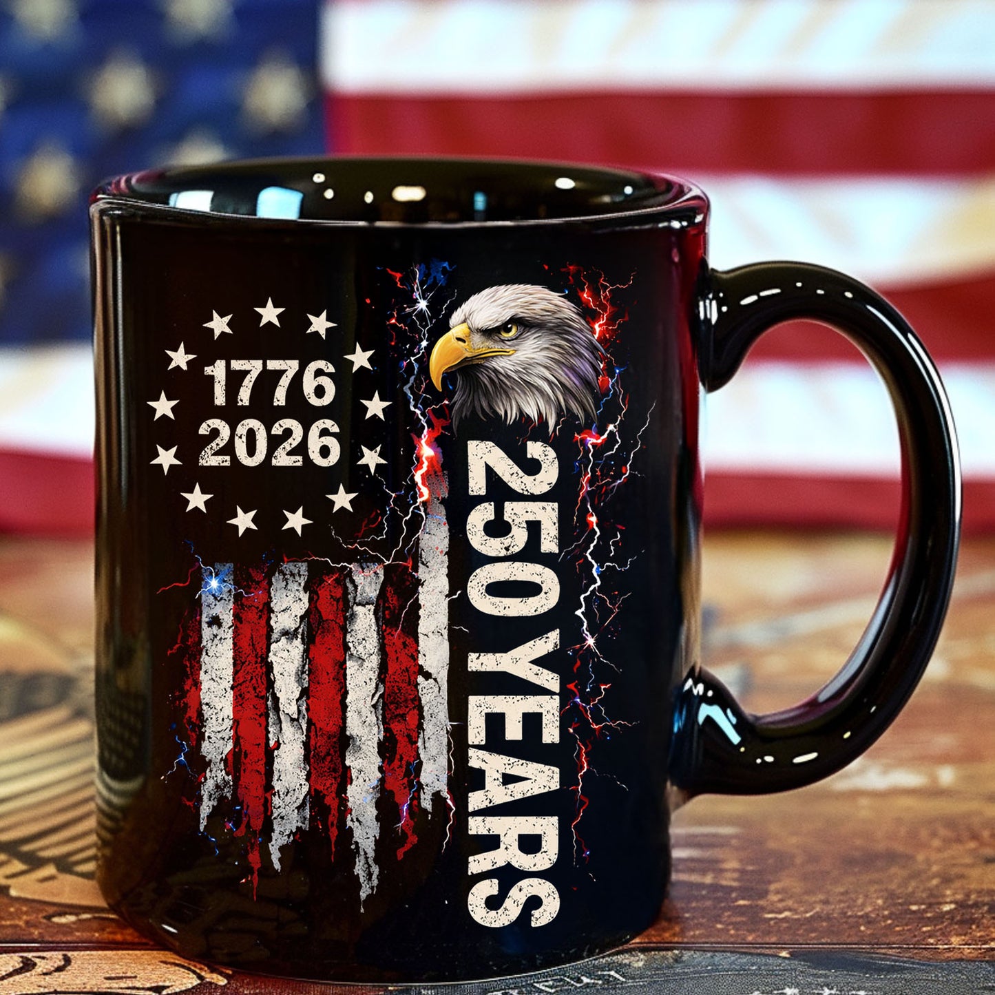 250 Years Patriotic Eagle Black Mug, 1776-2026 US Flag Coffee Mug, 4th of July Independence Day Gift 684749