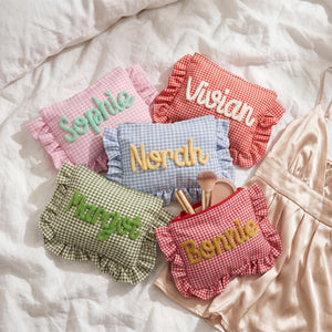 Personalized Ruffle Bridal Makeup Bag, Custom Chenille Name Cosmetic Pouch, Travel Toiletry Bag Gift For Her 685576