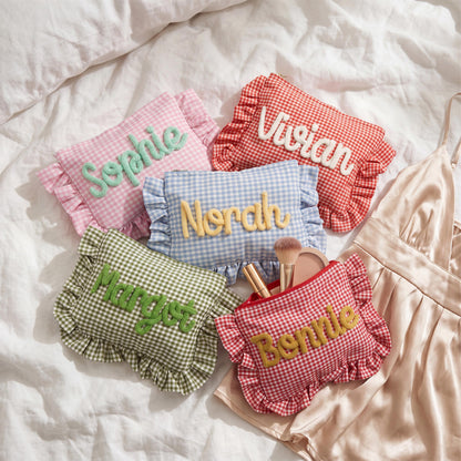 Personalized Ruffle Bridal Makeup Bag, Custom Chenille Name Cosmetic Pouch, Travel Toiletry Bag Gift For Her 685576