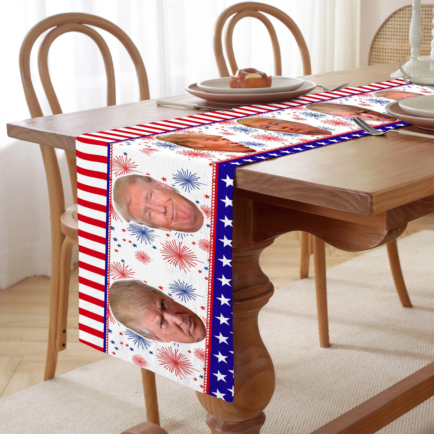Trump Face Fireworks Table Runner | Personalized Trump President 4th Of July | Independence Day Table Runner For Kitchen 682332 - GOP