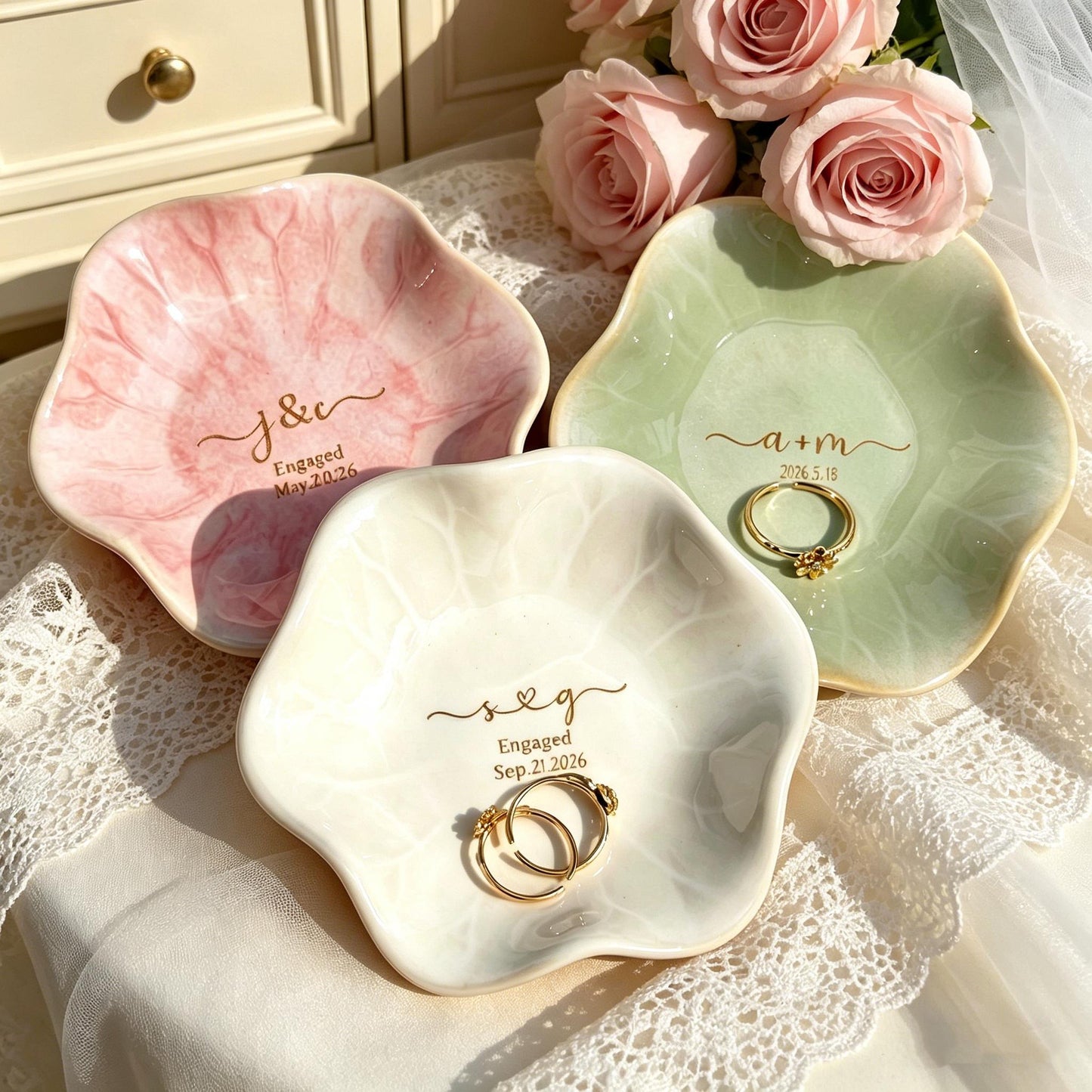 Custom Name Engaged Lotus Shape Jewelry Dish | Personalized Jewelry Dish | Wedding Date Gift 685474 WFD