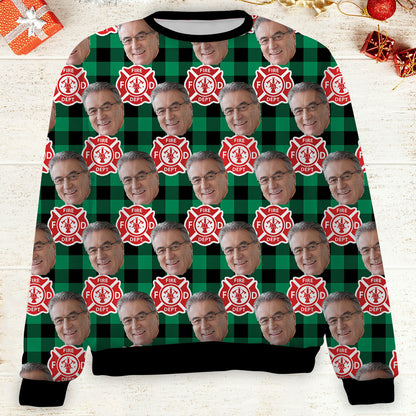 Custom Face Christmas Sweatshirt, Personalized Photo Firefighter Theme Sweater, Christmas All-Over-Printed Sweatshirt 682647