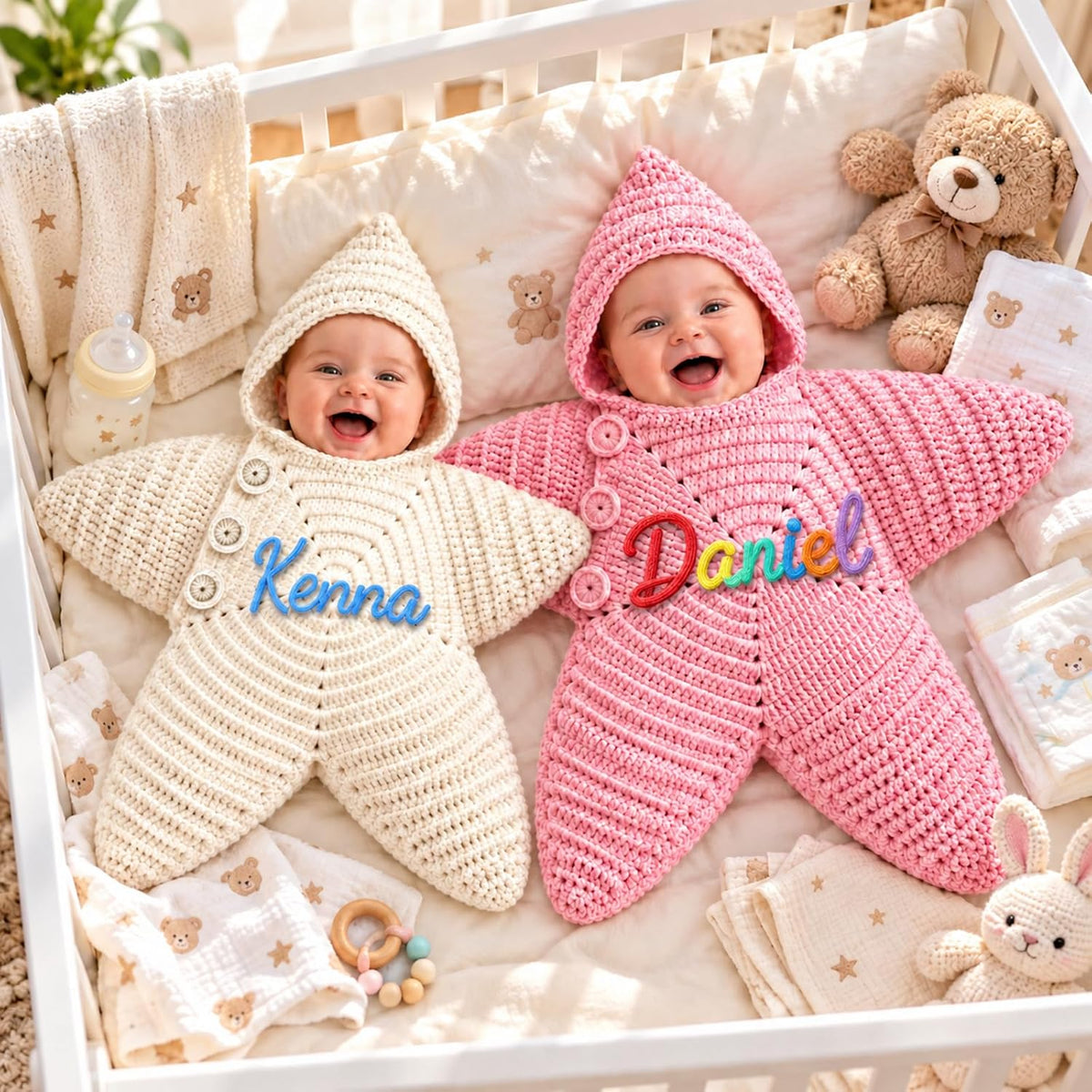 Custom Name Starfish Baby Bodysuit, Hand Crochet Hooded Swaddle Sleep Sack, Personalized Gift For Newborn 686554 WFD