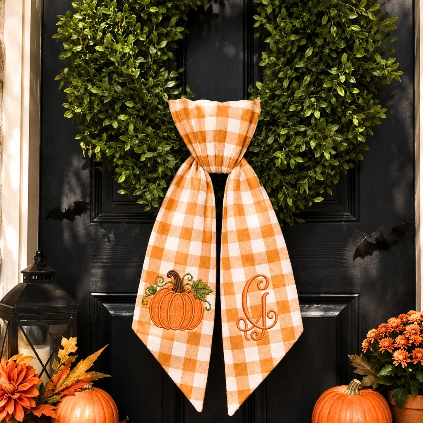 Personalized Pumpkin Wreath Sash, Embroidered Fall Monogram Gingham Door Bow, Thanksgiving Front Door Decor 686028 WFD