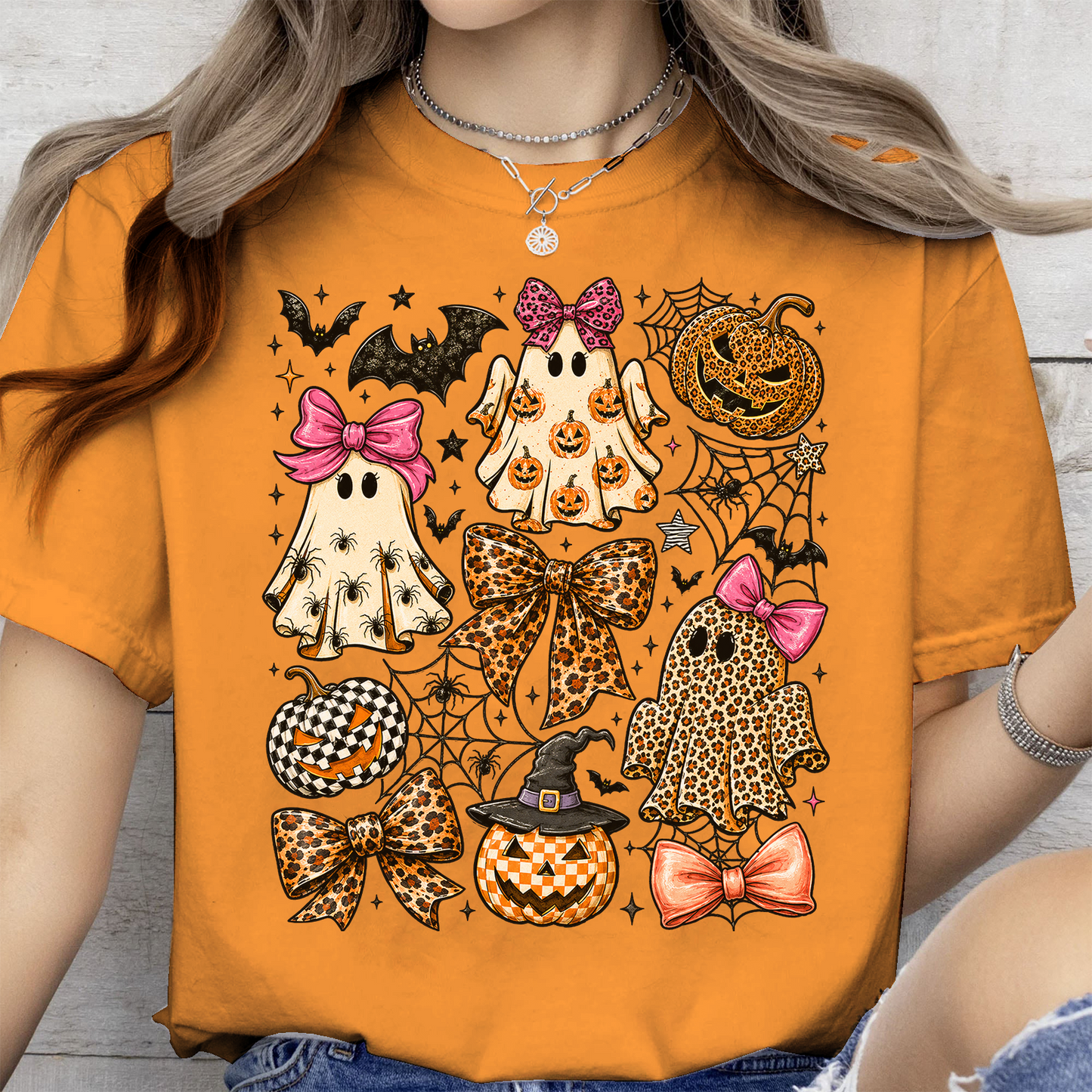 Coquette Leopard Pumpkin Ghost Bright Shirt, Retro Halloween Girly Ghost Tee 685659