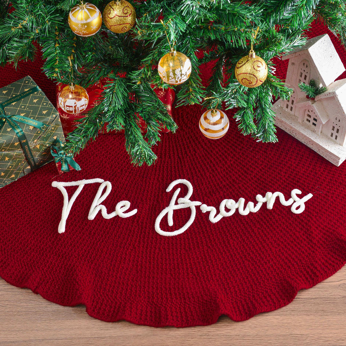 Personalized Knit Christmas Tree Skirt, Custom Embroidered Family Name Christmas Decor 686234 WFD