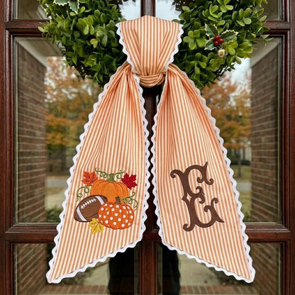 Personalized Football Pumpkin Embroidered Wreath Sash, Fall Kick Off Bow, Striped Front Door Decor 686194 WFD