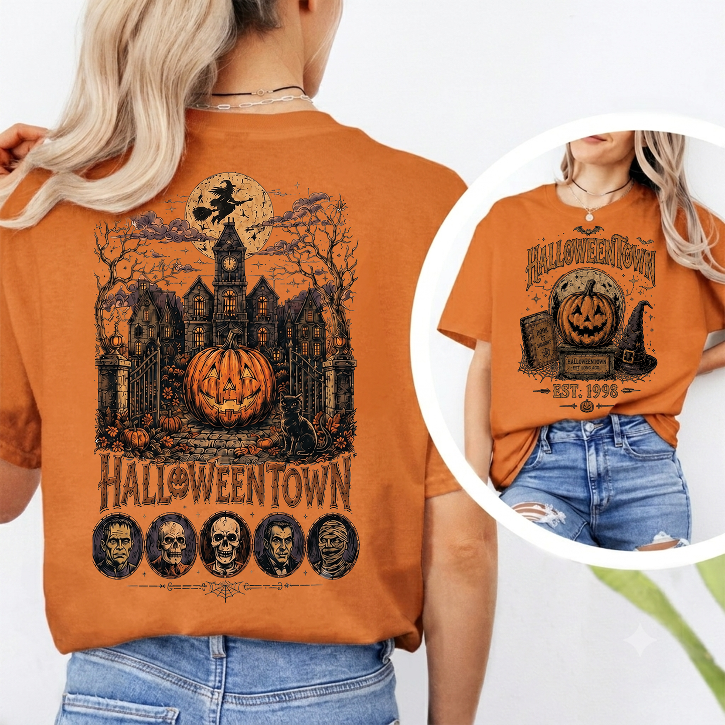 Retro Halloween Town Front & Back Dark Shirt, Vintage Halloween Tee, Trick Or Treat Fall Shirt 685860