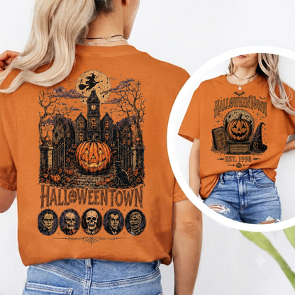 Retro Halloween Town Front & Back Dark Shirt, Vintage Halloween Tee, Trick Or Treat Fall Shirt 685860