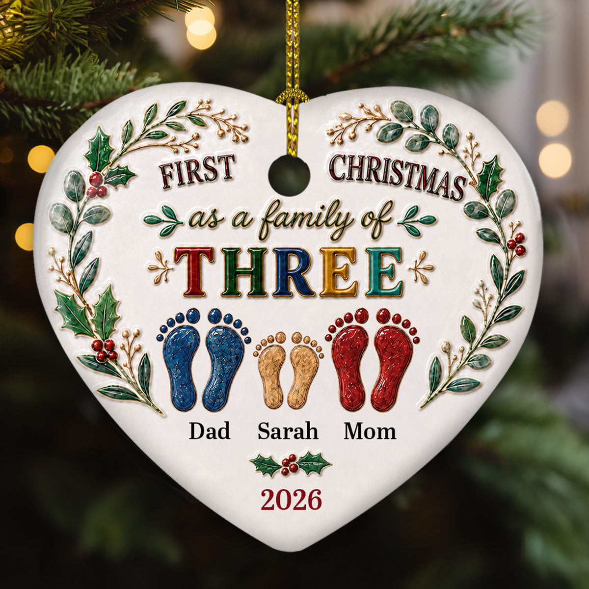 Personalized First Christmas As A Family 3D Relief White Ceramic Ornament, Custom Christmas Keepsake Gift 686882 WFD