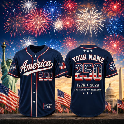 Personalized 250 Years Of Freedom Baseball Jersey, USA 1776-2026 Patriotic Anniversary Shirt 685173