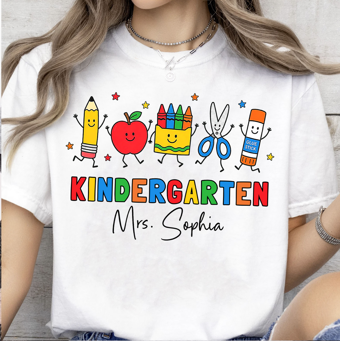 Custom Name Kindergarten Teacher Bright Shirt, Personalized Vintage School Supplies Tee, Back To School Gift 685731
