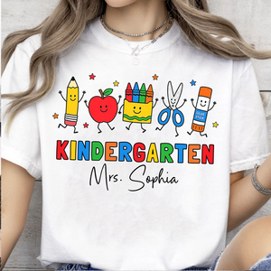 Custom Name Kindergarten Teacher Bright Shirt, Personalized Vintage School Supplies Tee, Back To School Gift 685731