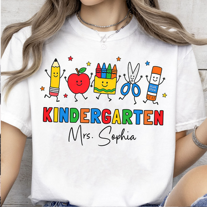 Custom Name Kindergarten Teacher Bright Shirt, Personalized Vintage School Supplies Tee, Back To School Gift 685731