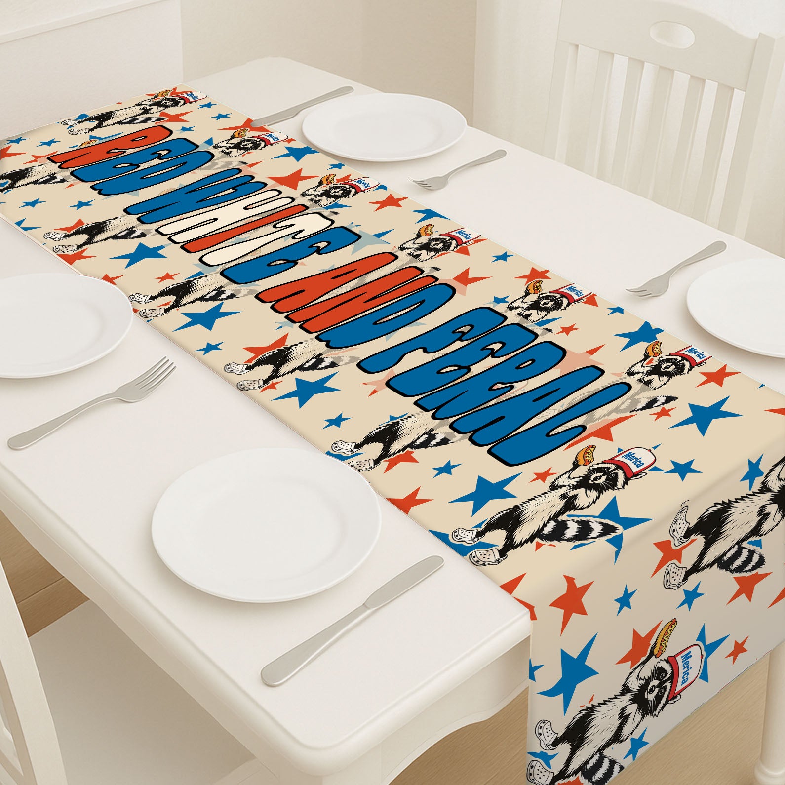 Red White And Feral Table Runner | Funny Raccoon Patriotic Independence Day | 4th Of July Table Runner For Kitchen 682361