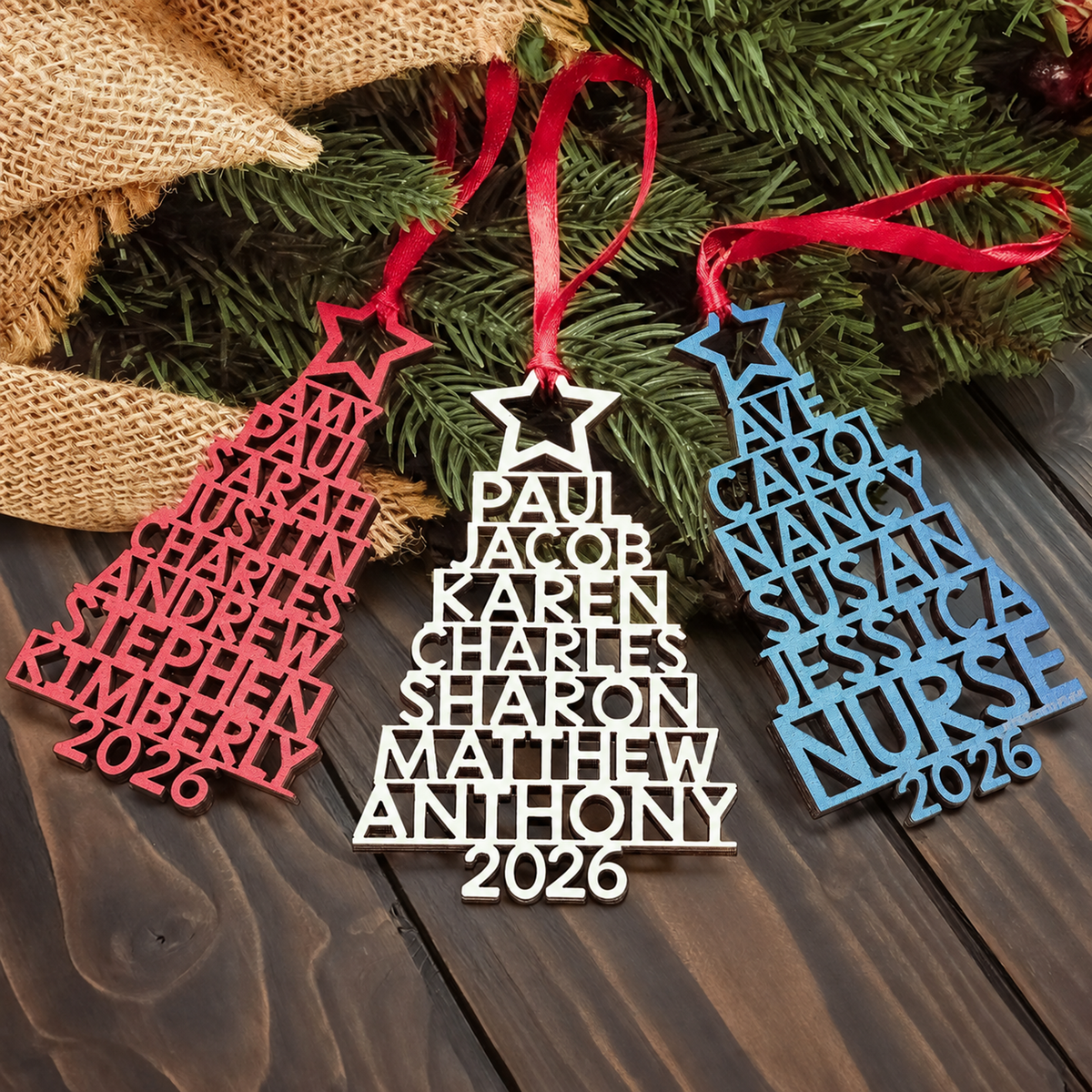 Custom Family Names Wooden Ornament, Personalized Christmas Keepsake Gift 686617