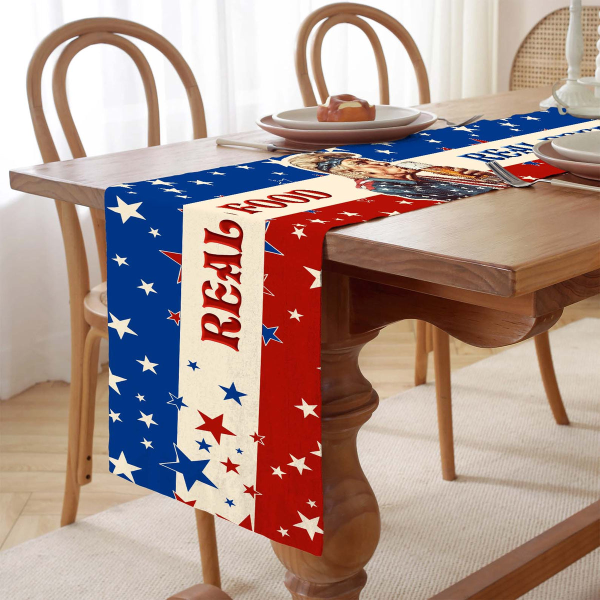 Real Food Real Beer Table Runner | Trump Retro Kissing Beer 4th Of July | Independence Day Table Runner For Kitchen 682330 - GOP