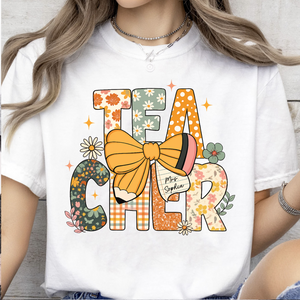 Custom Name Floral Teacher Bright Shirt, Personalized Vintage Pencil & Bow Tee, Back To School Gift 685710