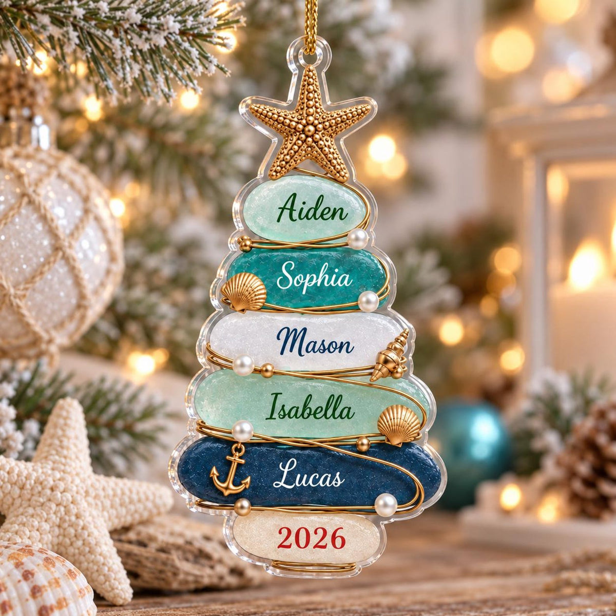 Personalized Sea Glass Tree Acrylic Ornament, Custom Name & Number Christmas Gift For Family 686442 WFD