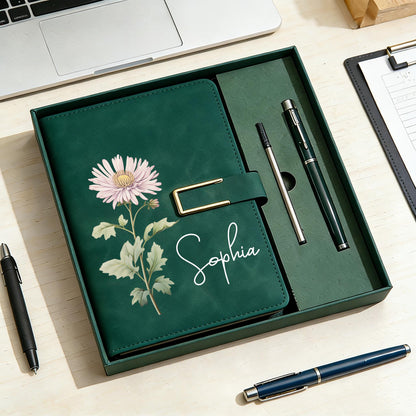 Personalized Birth Flower Leather Notebook, Custom Name Leather Notebook Set Gift For Women, Birthday/Teacher Gift 685381 WFD