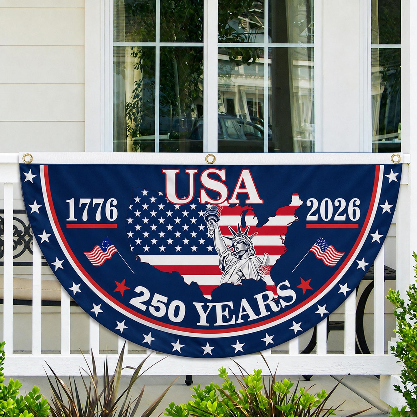 USA 250th Anniversary Semicircle Fence Flag, Patriotic USA 1776–2026 Semiquincentennial Flag 685185